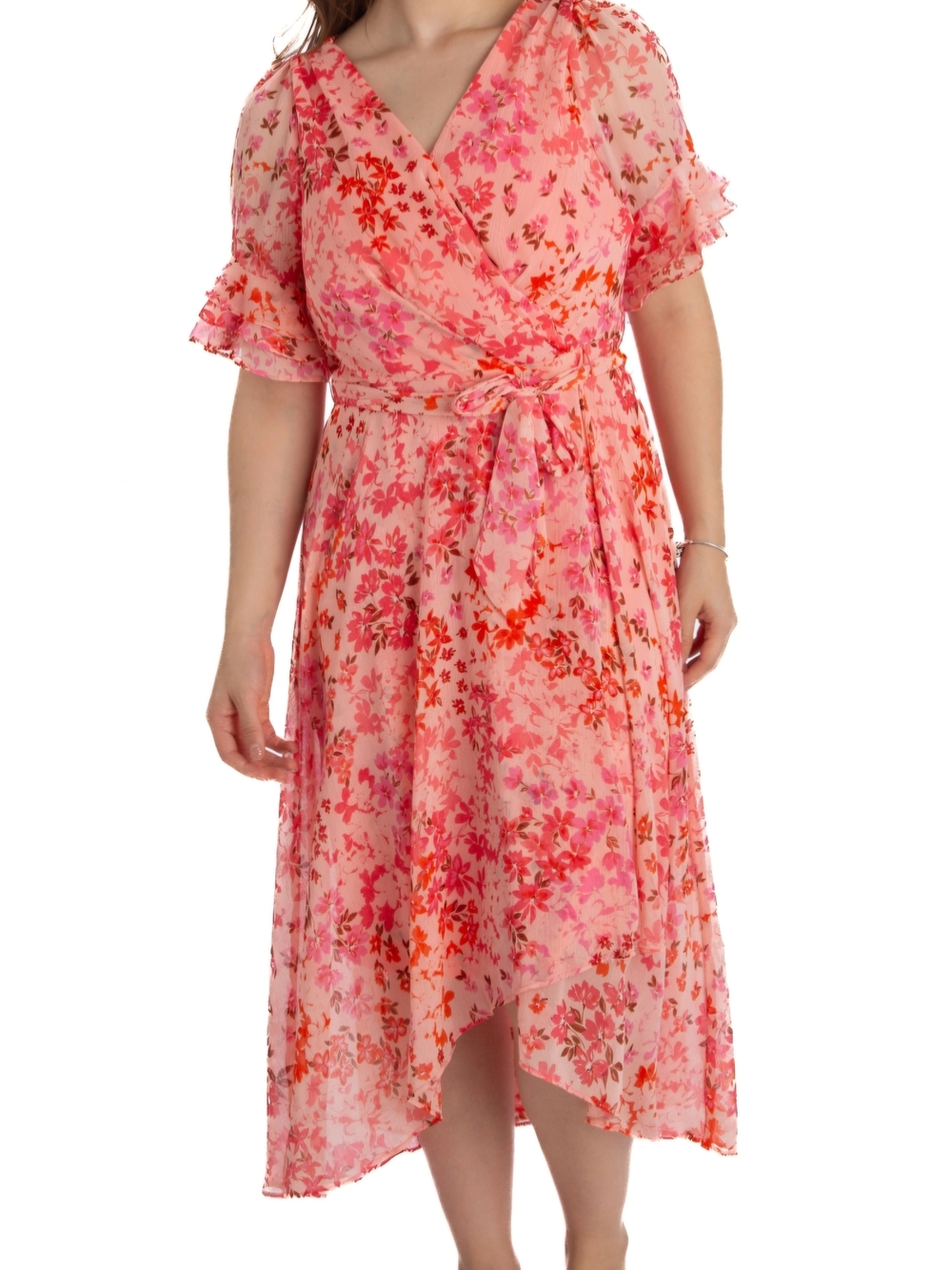 DKNY Pink Floral Wrap-Style Midi Dress